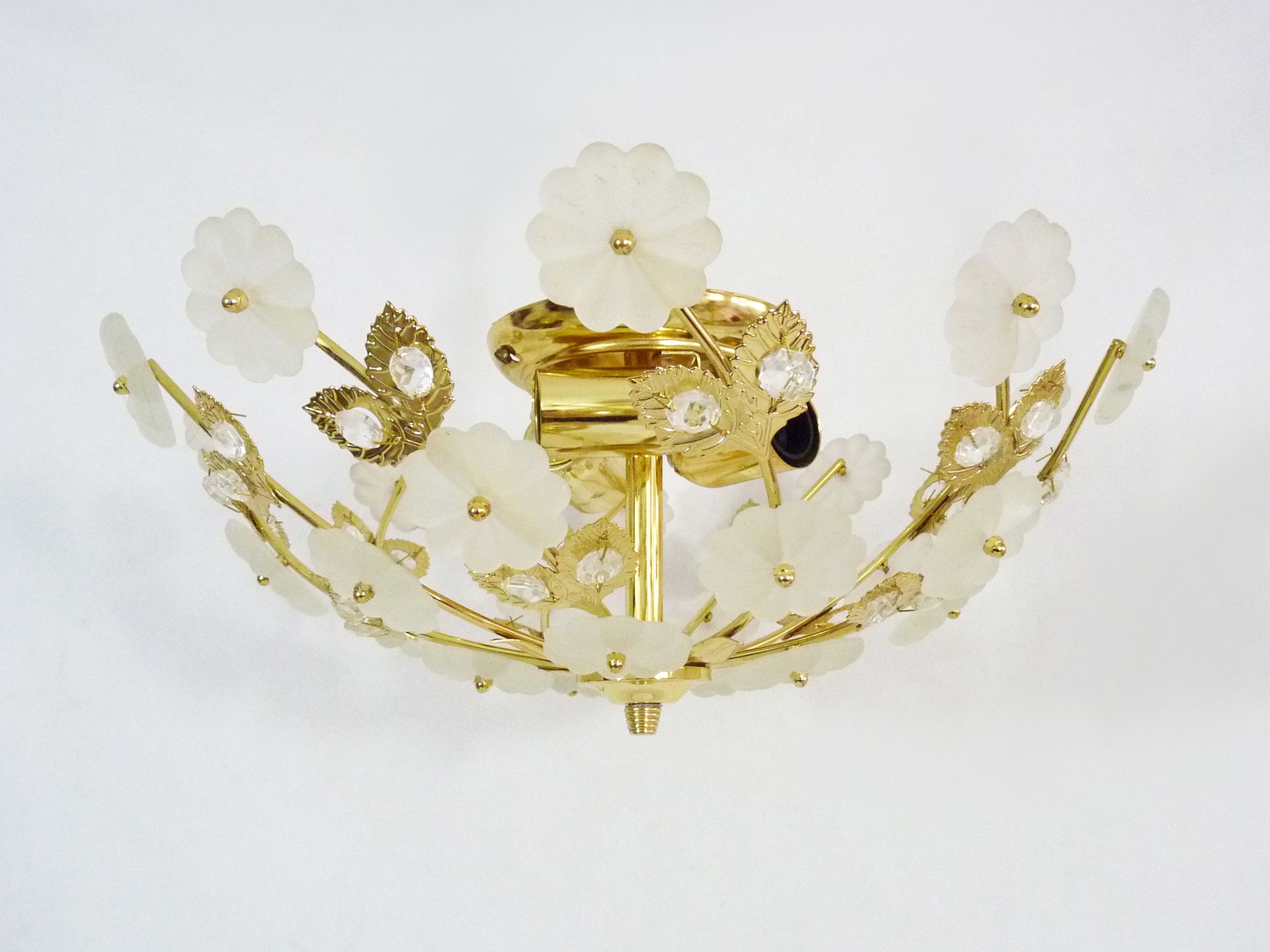 3-light gold metal and brass ceiling, white glass flowers and foliage 1970