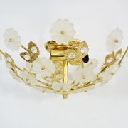 3-light gold metal and brass ceiling, white glass flowers and foliage 1970