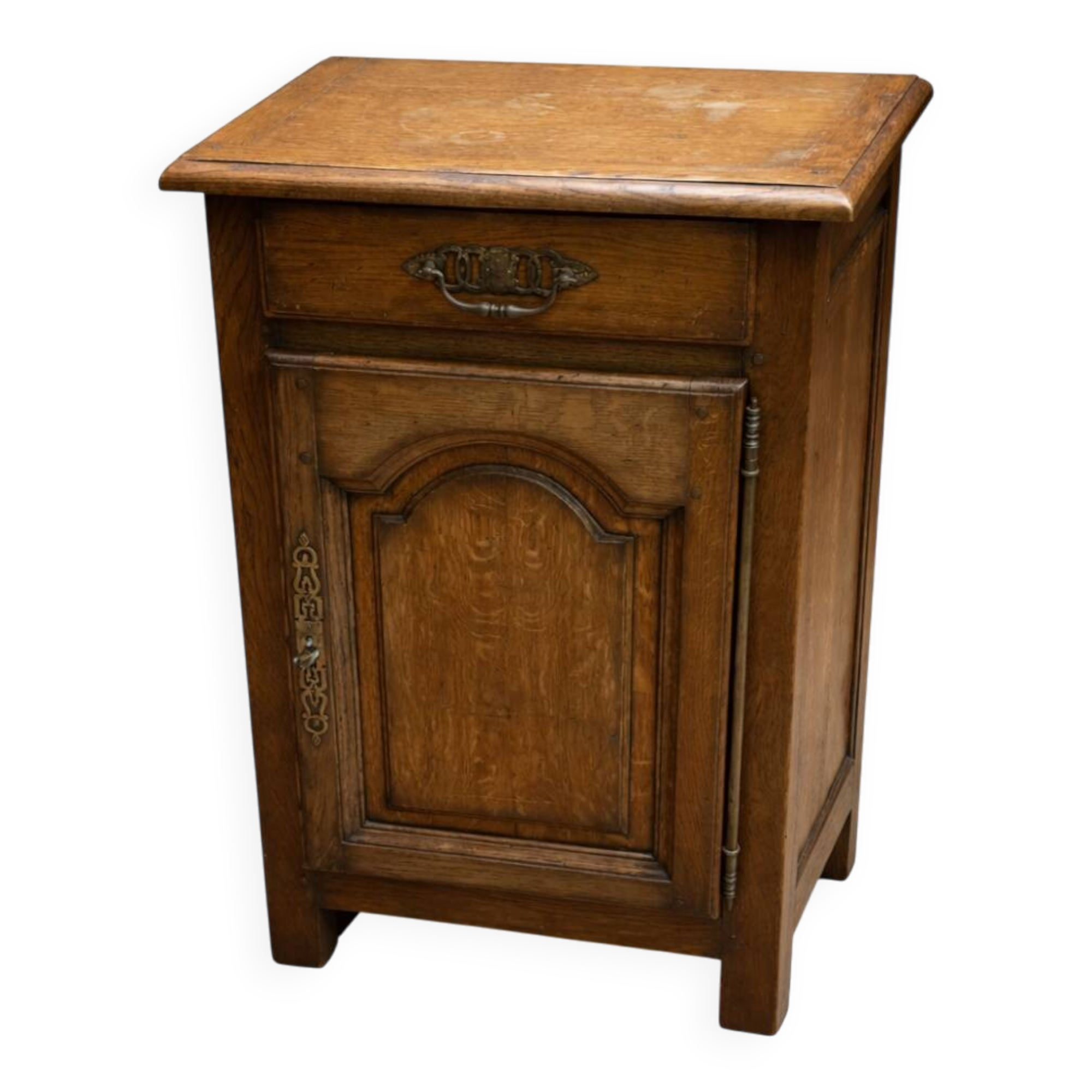 Small antique jam cupboard in solid oak, with one door and one drawer.