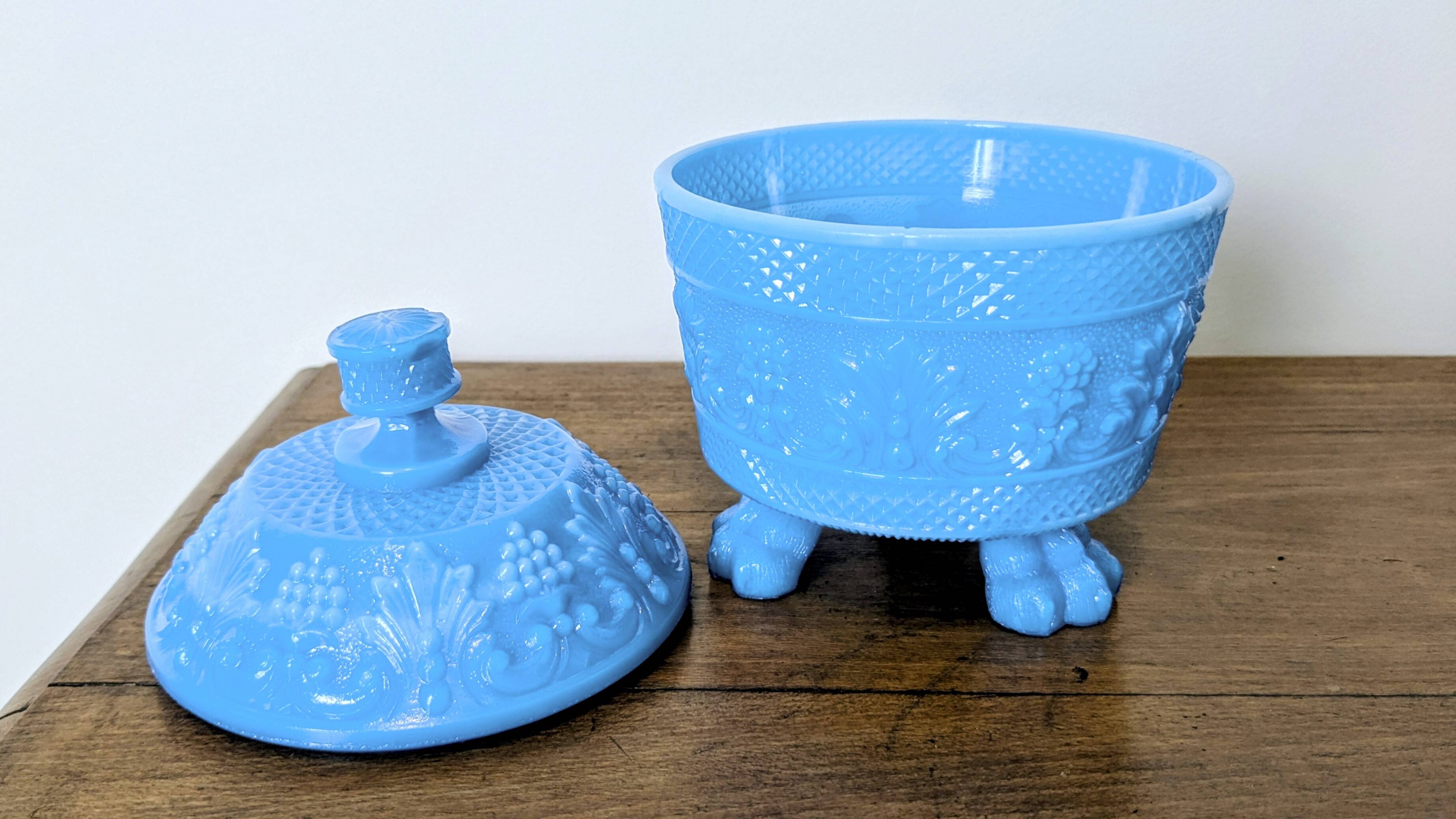 Blue moulded opaline bonbonnière, first half of the 20th century.