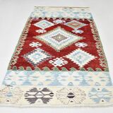 5x8 Burgundy & Light Blue Rare Geometric Style Wool Kilim Rug, 144x241 Cm