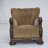 1960s, Danish armchair, original green furniture velour, carved oak wood.