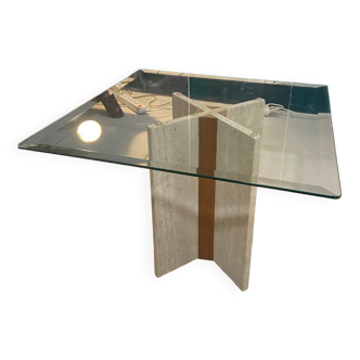 Travertine and beveled glass table, Italian design, 70s
