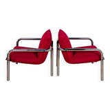 Paire de fauteuils italiens en métal chromé et tissu rouge, 1970