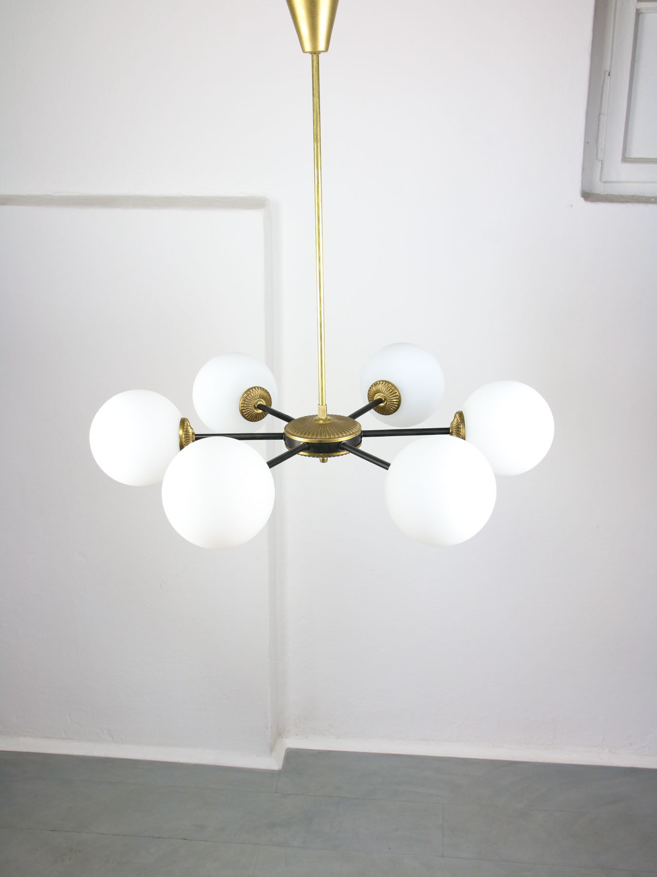 Mid-century sputnik brass and opaline glass chandelier