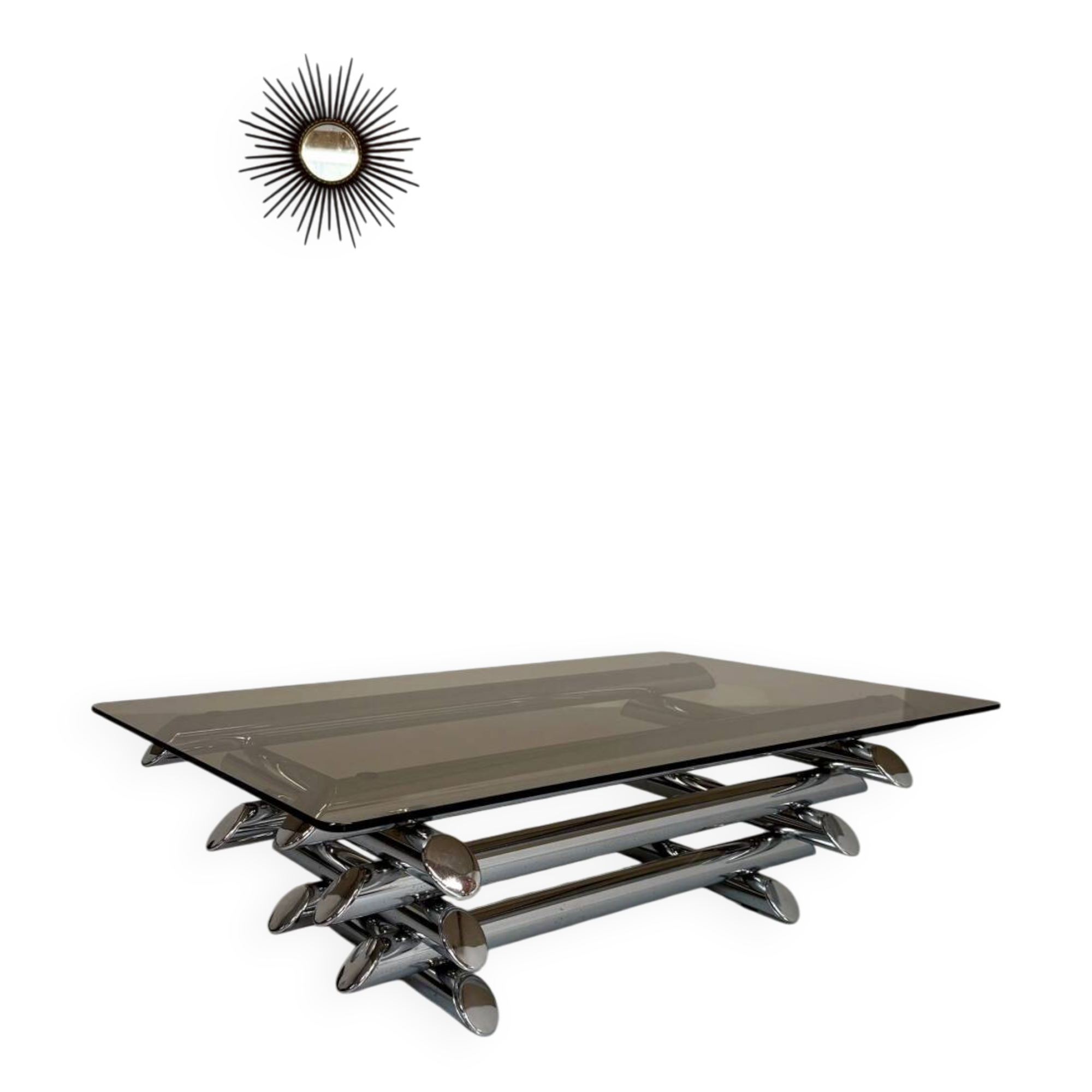 Space coffee table from the 70s, tubular metal and glass, Italian design