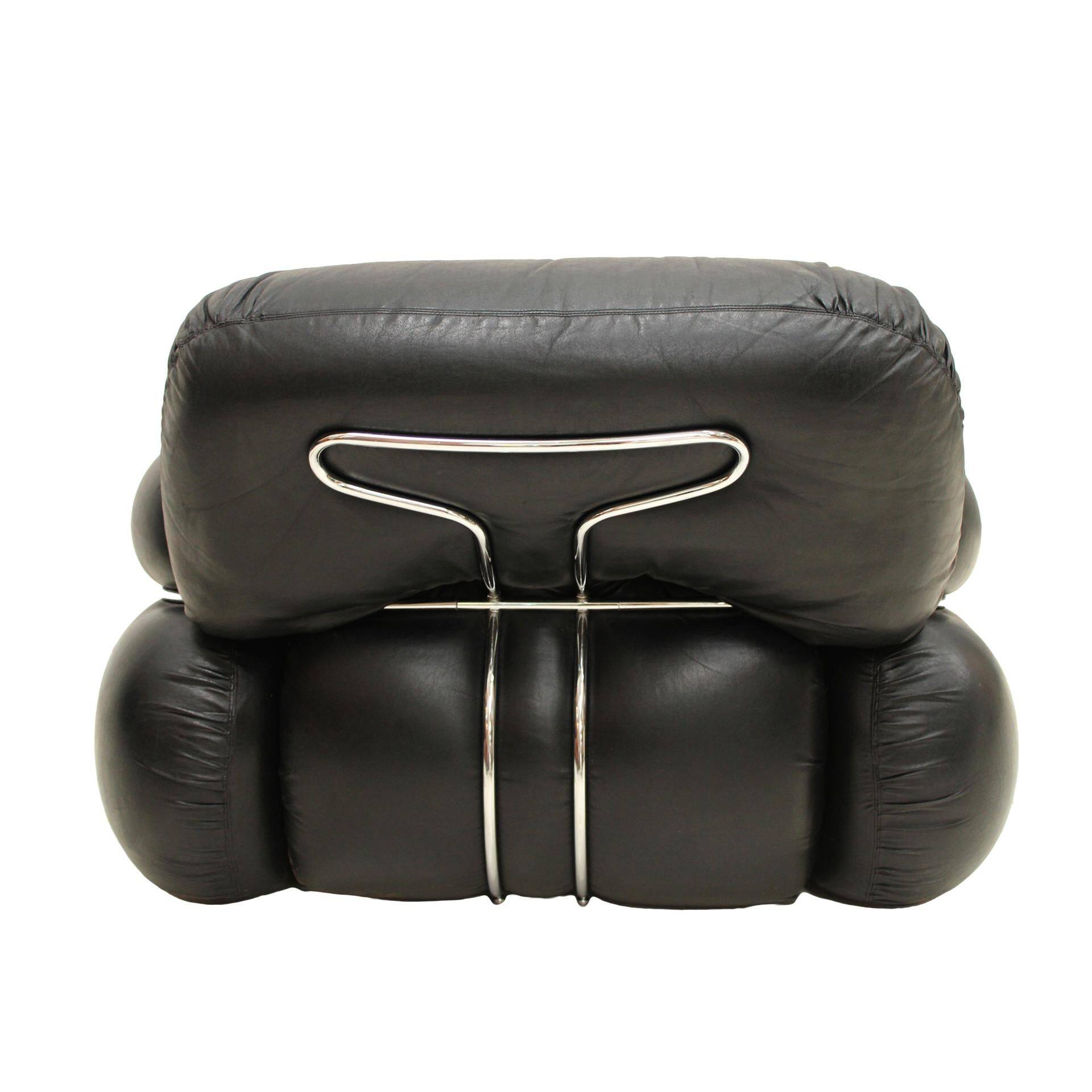 Italian Pair Of Armchairs by Adriano Piazzesi Okay Black Leather and Steel