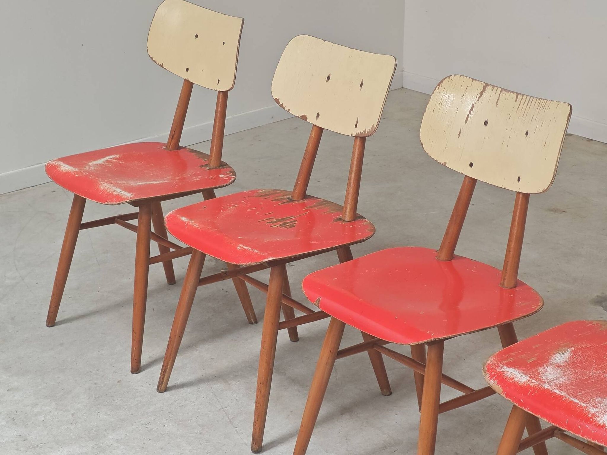 Set of 4 Ton (Thonet) red wooden chairs from the 1960s.