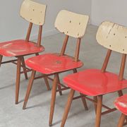 Set of 4 Ton (Thonet) red wooden chairs from the 1960s.