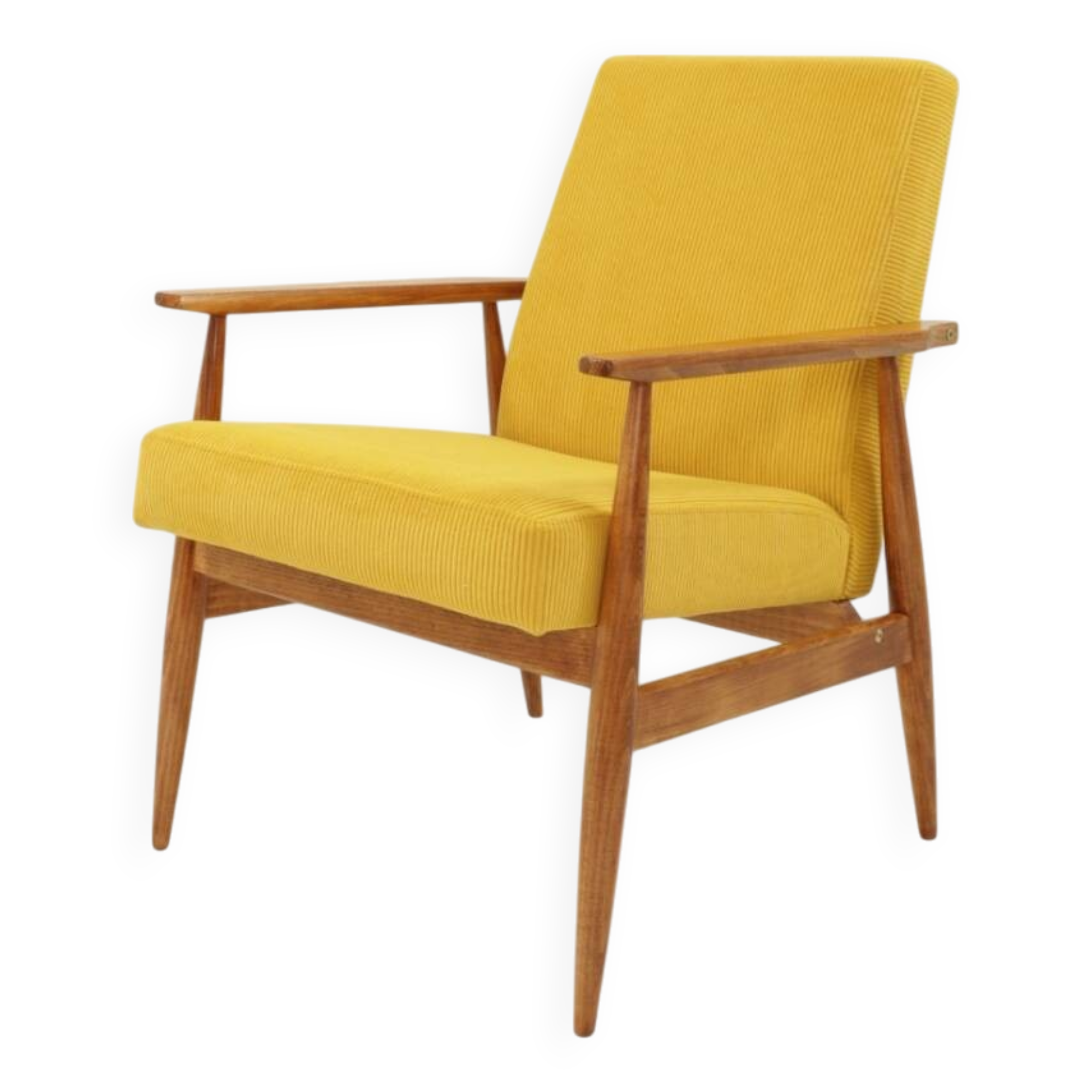Fauteuil vintage jaune velours côtelé Scandinavian design by H.Lis