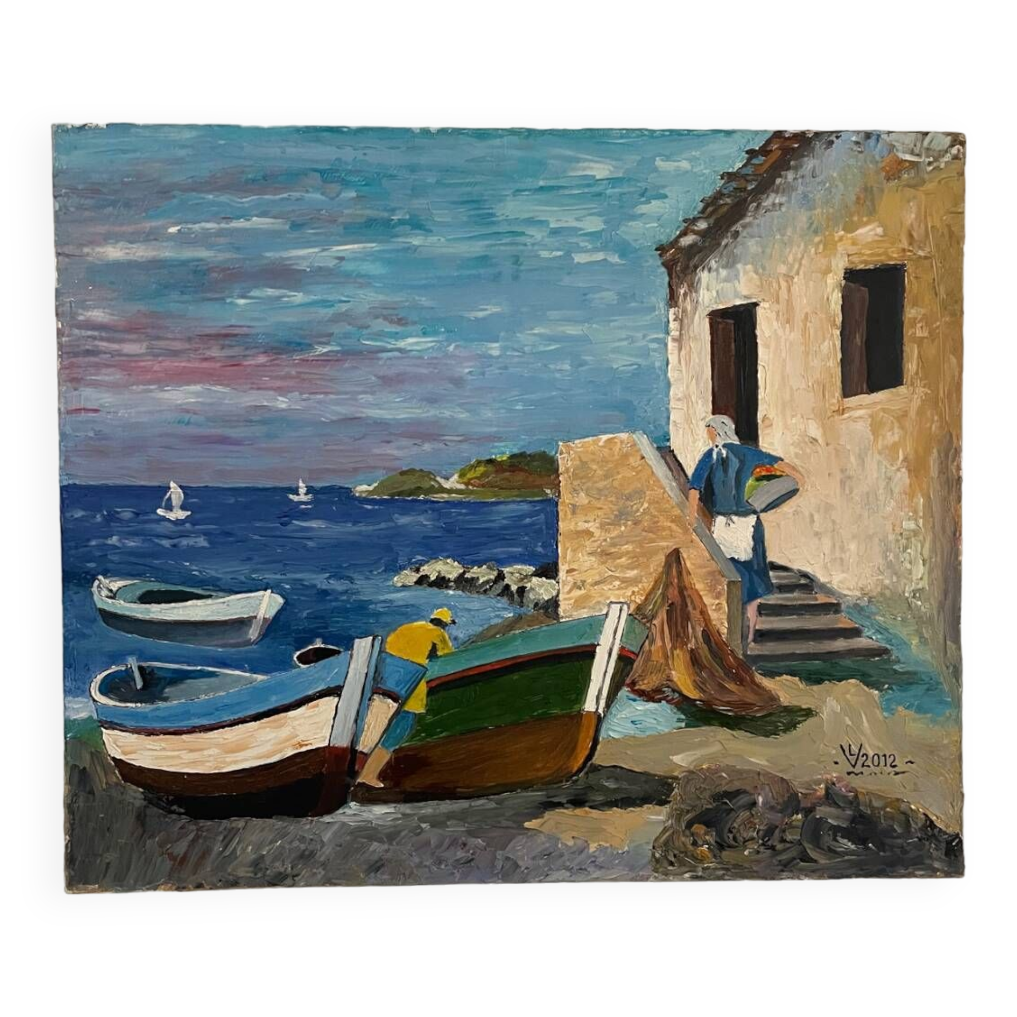 Huile sur toile - village de pecheurs