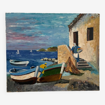 Oil on canvas - fishing village