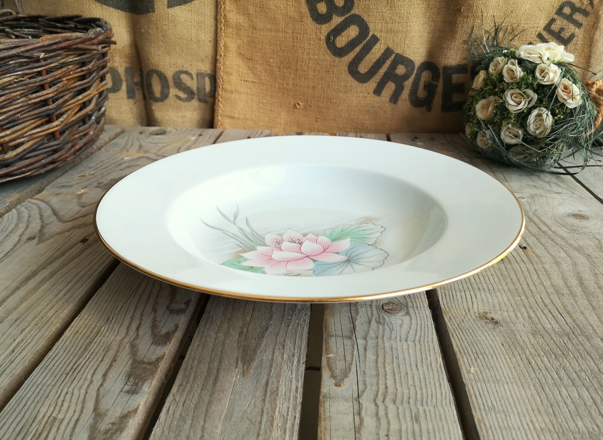 Porcelain service dish by Limoges france nenuphar rose decoration