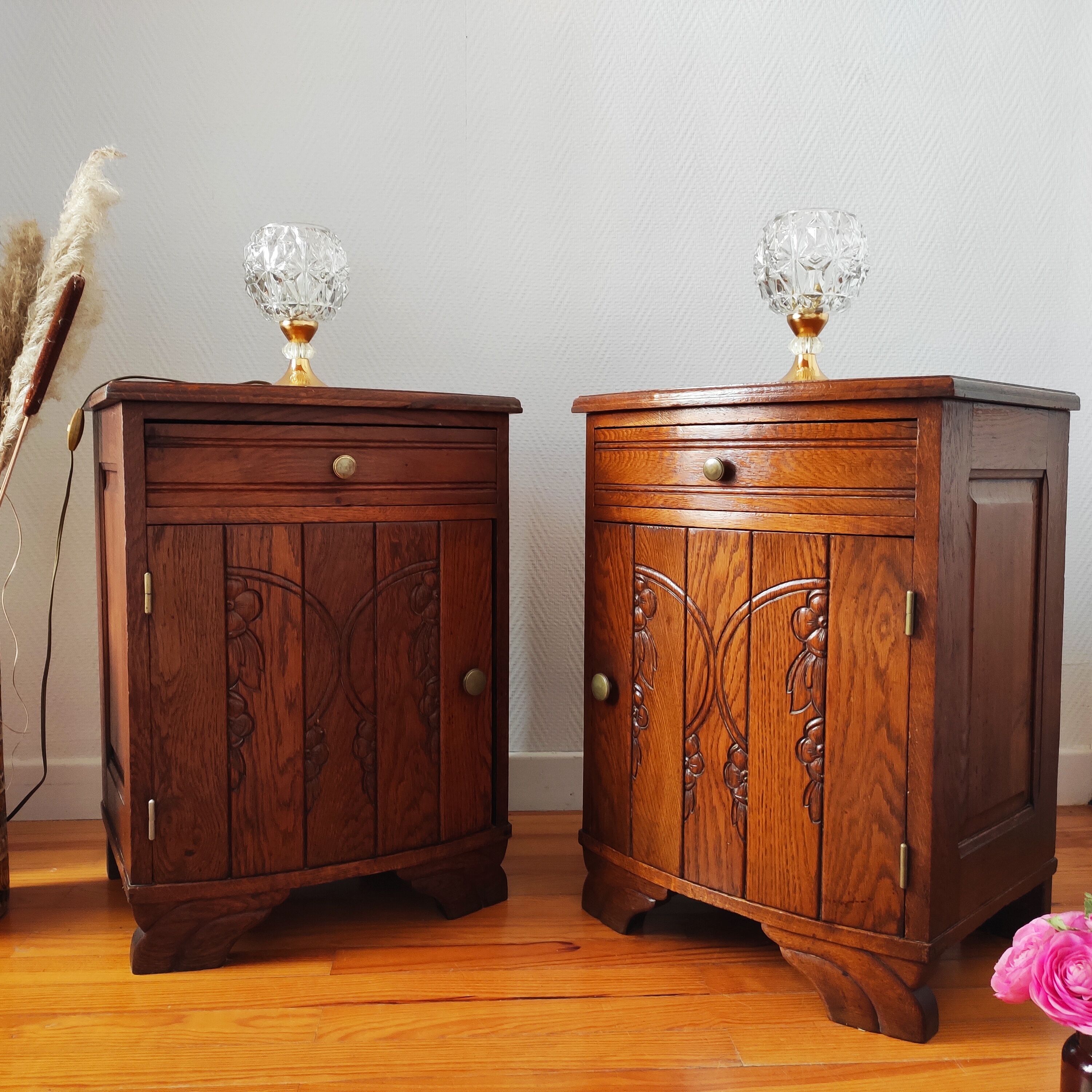 Pair of oak art deco bedside tables