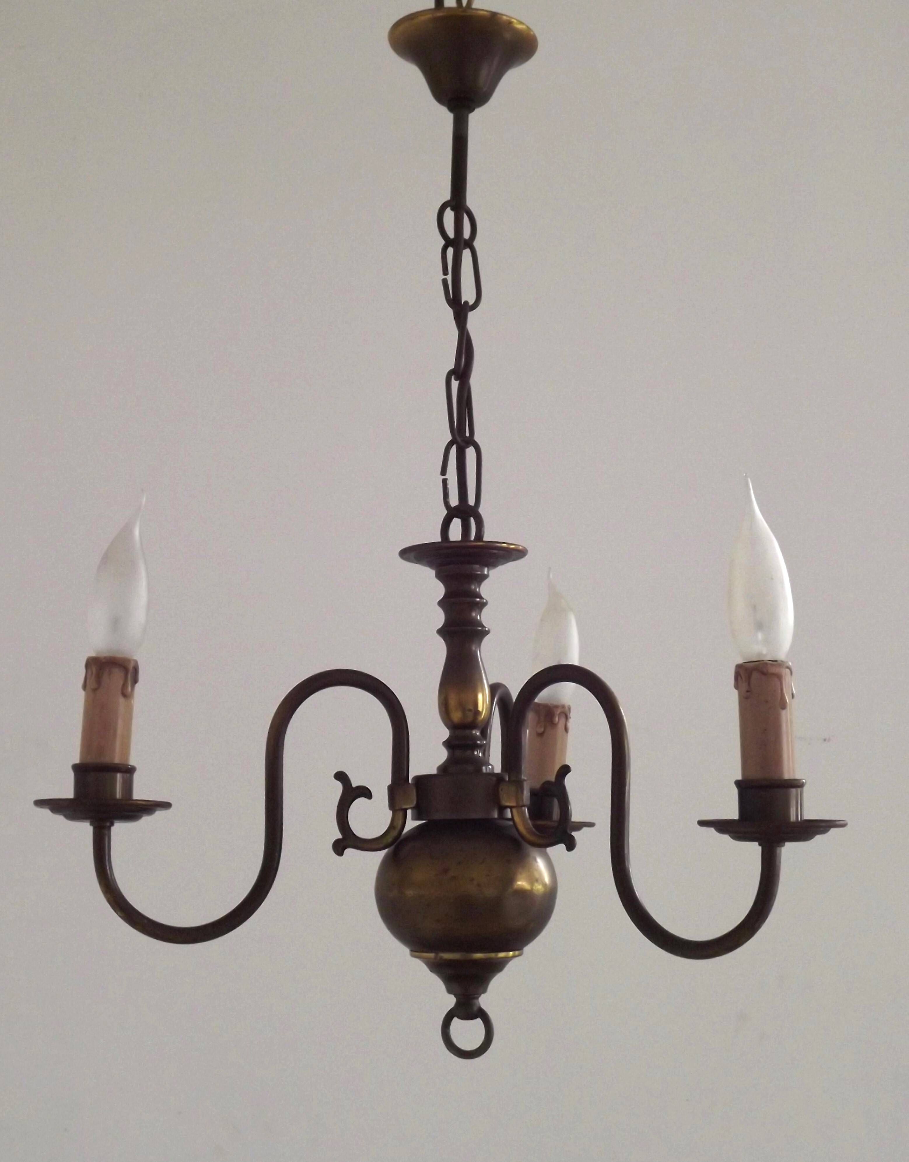 French Vintage Old Aged Bronzed Metal 3 Light Flemish Style Chandelier 4804