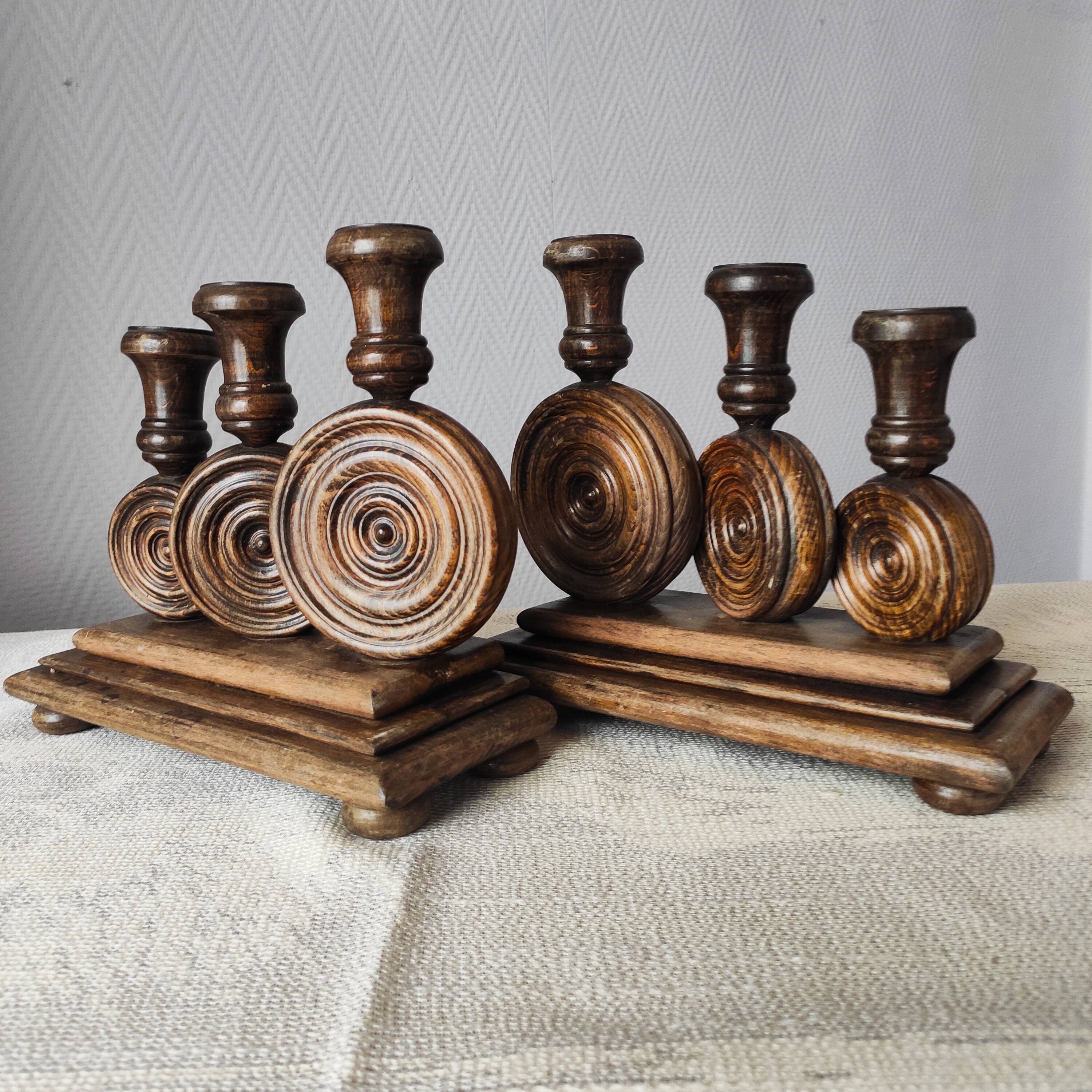 Brutalist turned wood candlestick holders – vintage 50s-60s