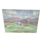 Large painting by Mr. Canet - Countryside landscape with cows