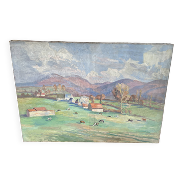 Grand tableau de M. Canet - Paysage de campagne aux vaches