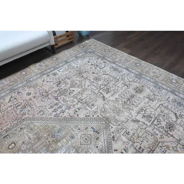 1970s Vintage Persian Handmade Wool Cotton Light Brown Area Rug 261x364