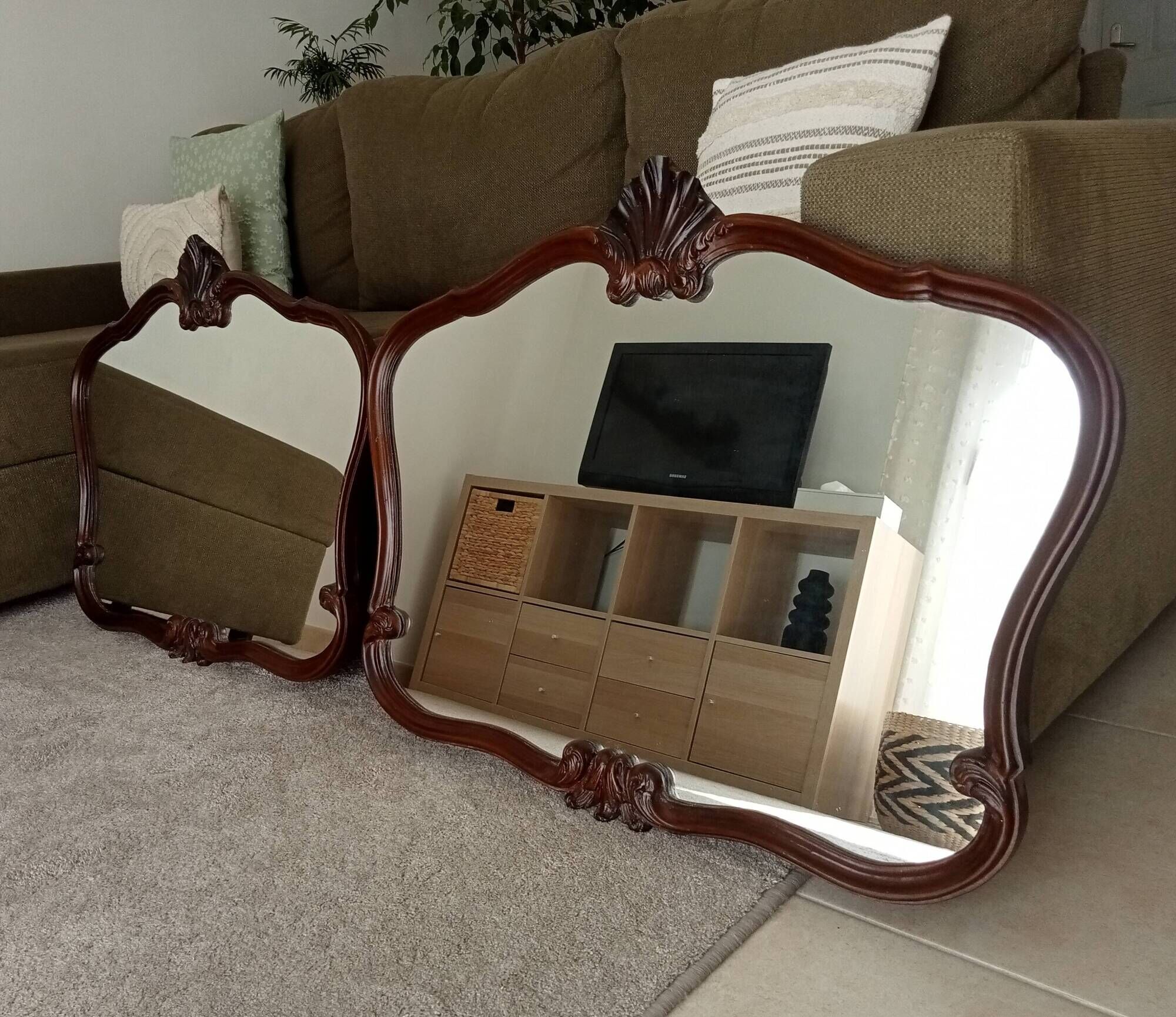 Pair of large antique Rococo style Louis XV mirrors in carved solid wood.
