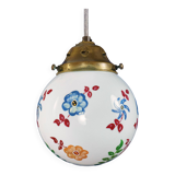 1910s English Arts & Crafts Opaline Pendant Lamp with Hand-Painted Flowers