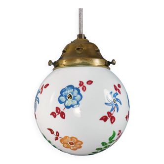 1910s English Arts & Crafts Opaline Pendant Lamp with Hand-Painted Flowers