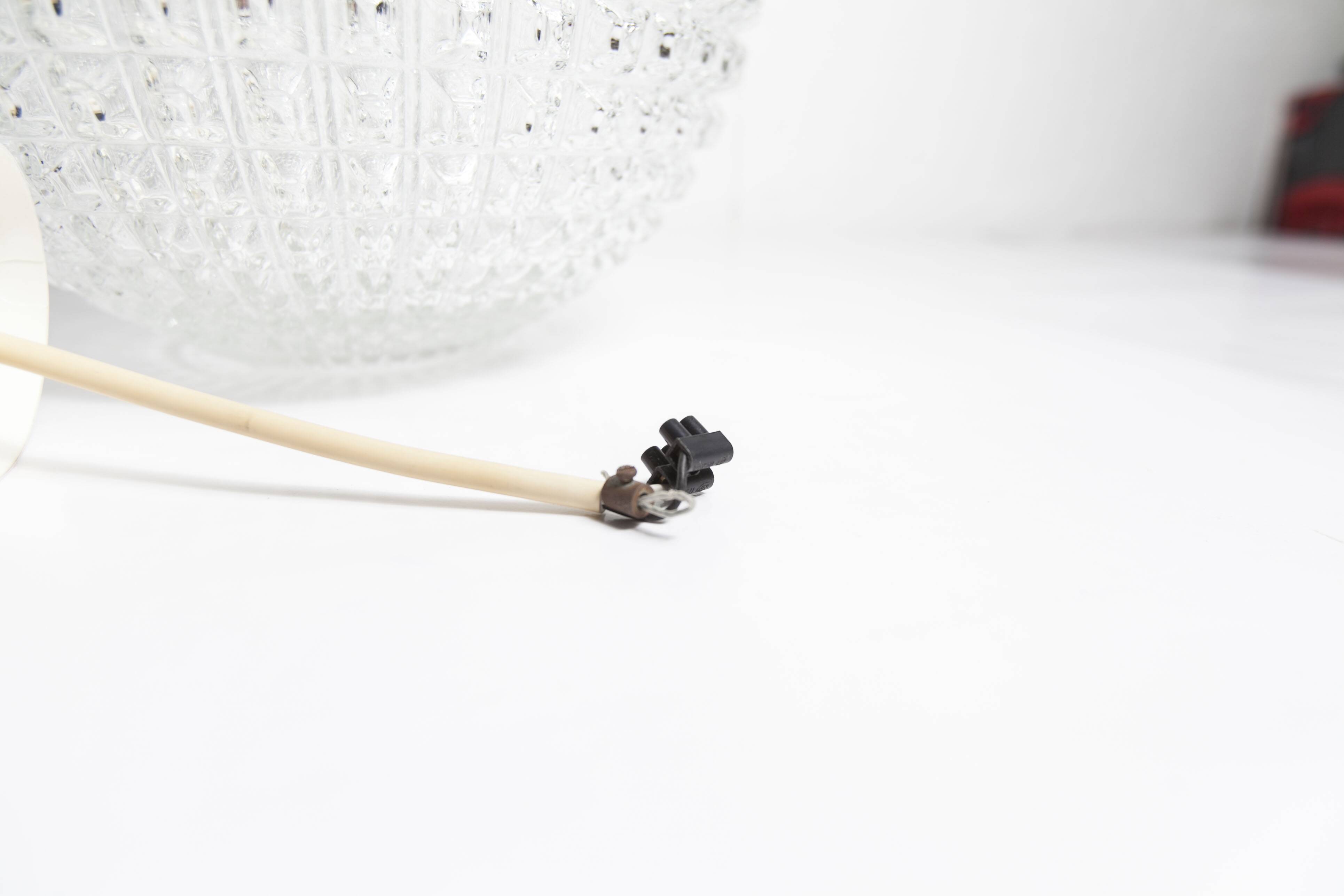 1960s Holophane Ball Pendant Chandelier, Thick Glass, 30 cm, and Vintage Brass