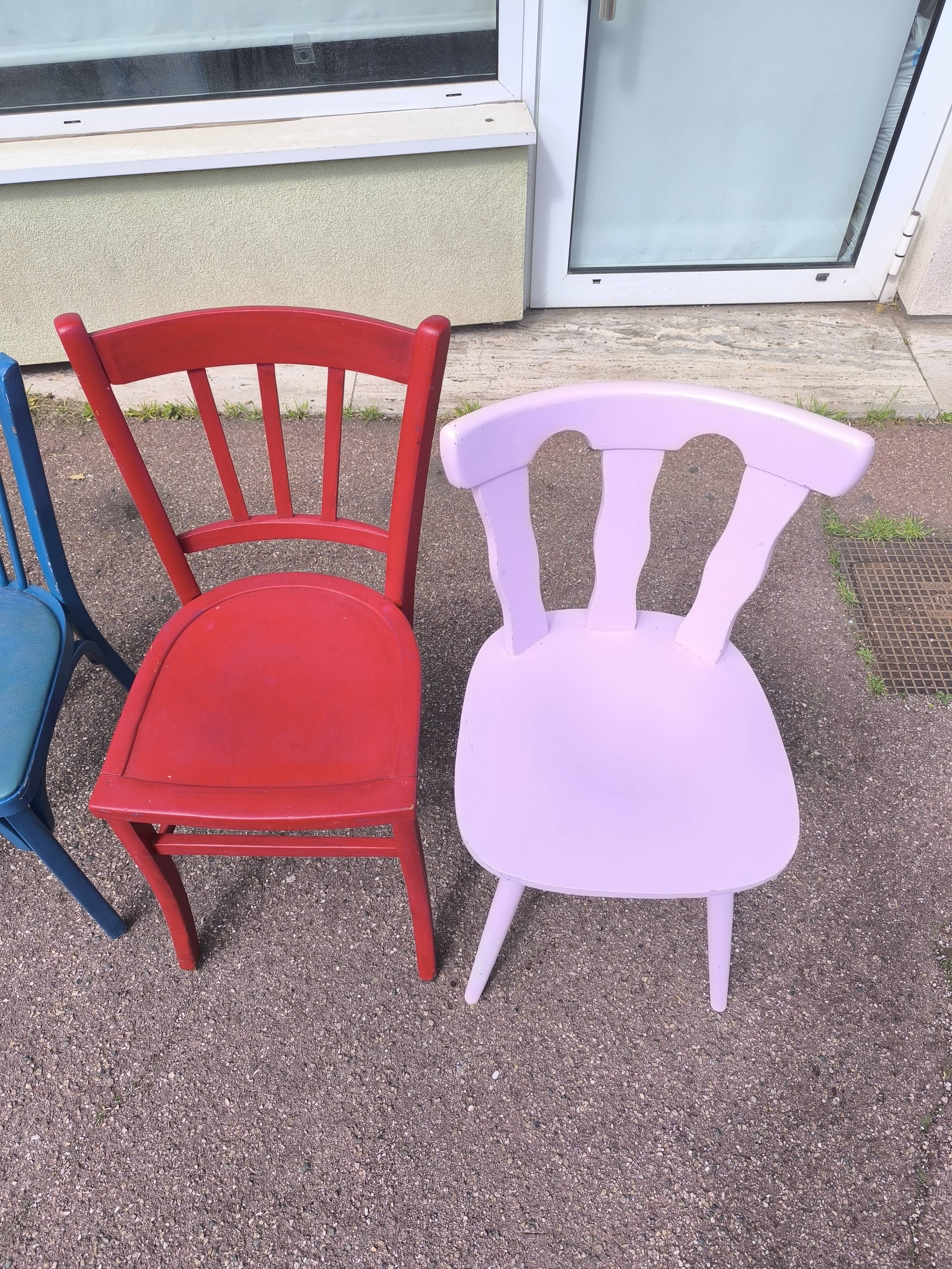 Set of 6 mismatched vintage bistro wooden chairs.