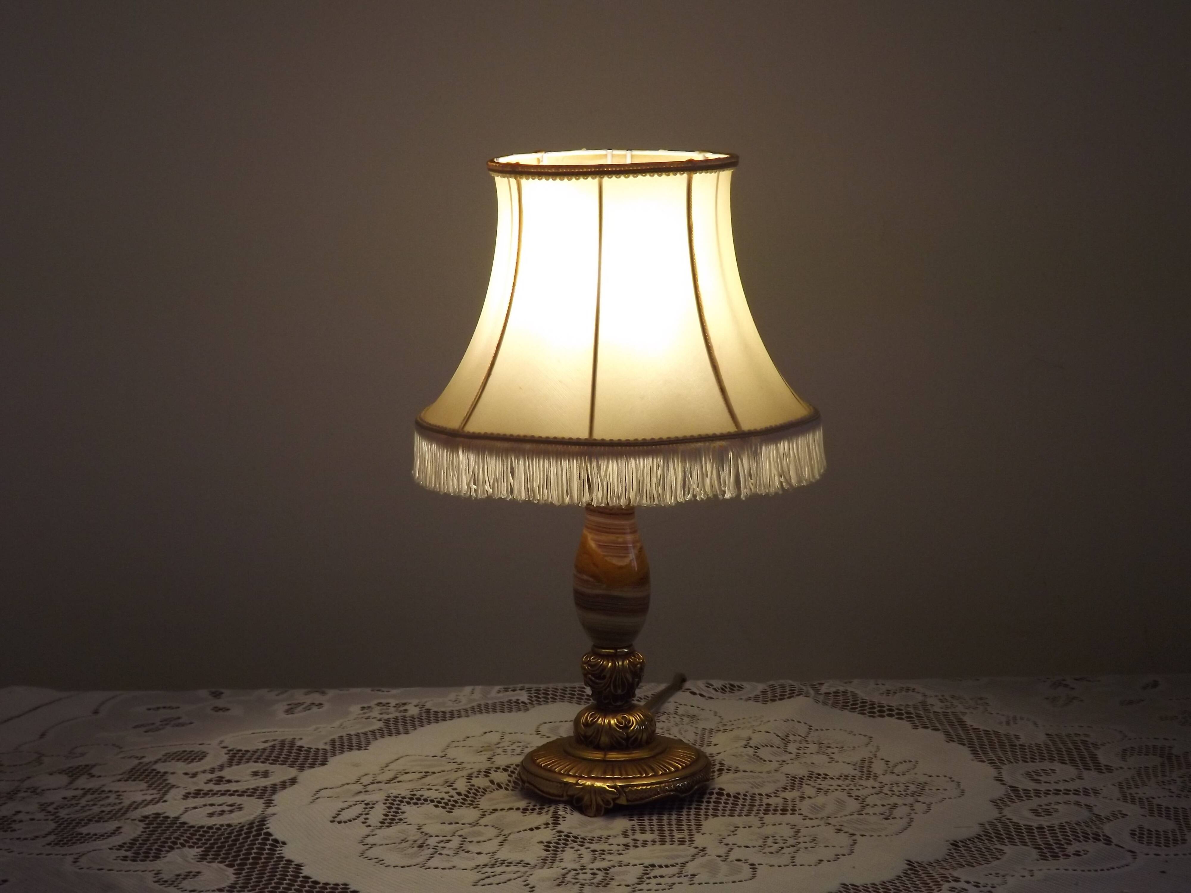 Vintage French Round Brass and Onyx Table Lamp With Cream Fringed Shade