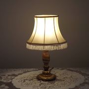 Vintage French Round Brass and Onyx Table Lamp With Cream Fringed Shade