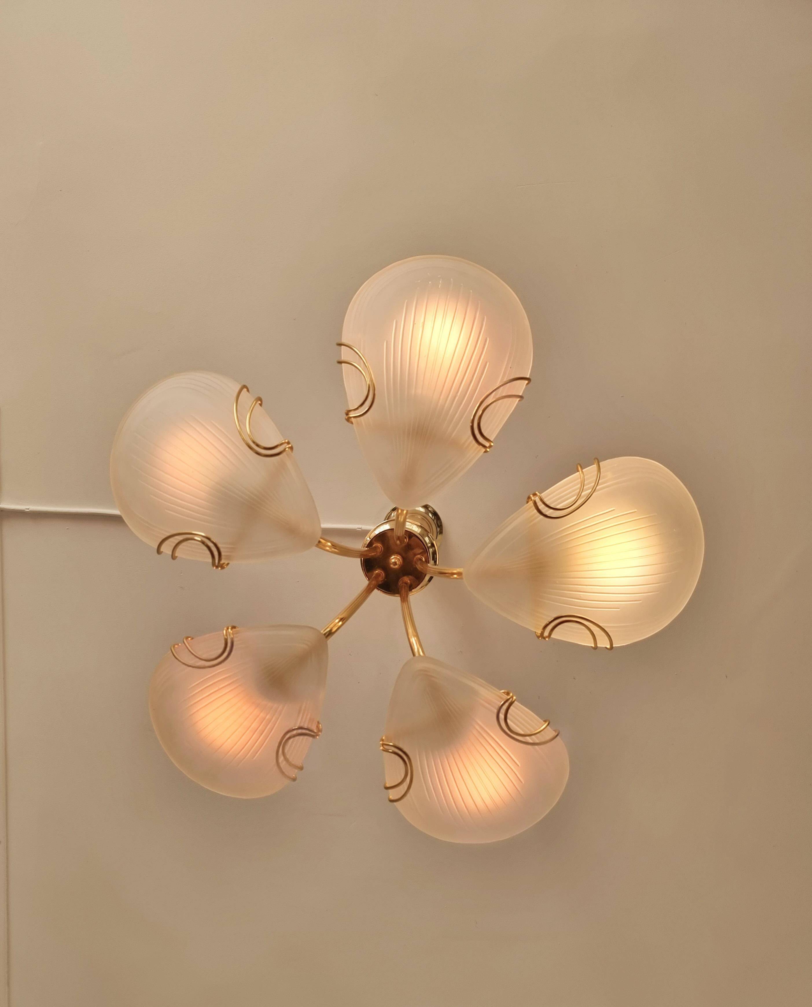 Reijmyre brass pendant with clam-shaped glass, Sweden, 1980s/90s Art Deco style.