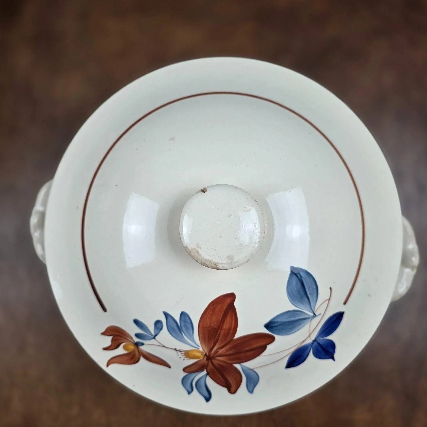 Large vintage soup tureen Digoin Sarreguemines – Brown and blue floral decoration