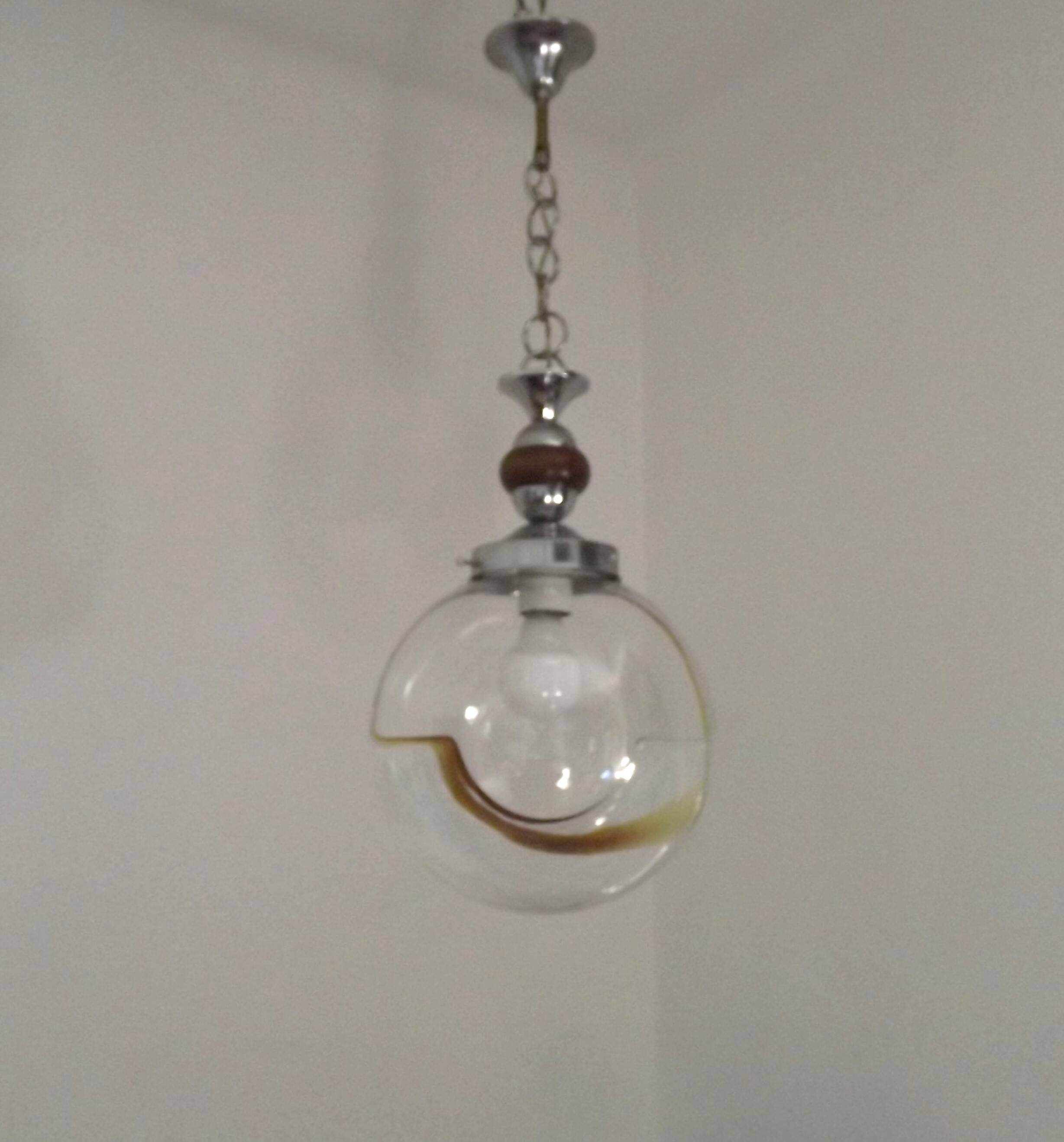 Vintage Murano Glass Globe Pendant Ceiling Light Amber Wave Mazzega Style