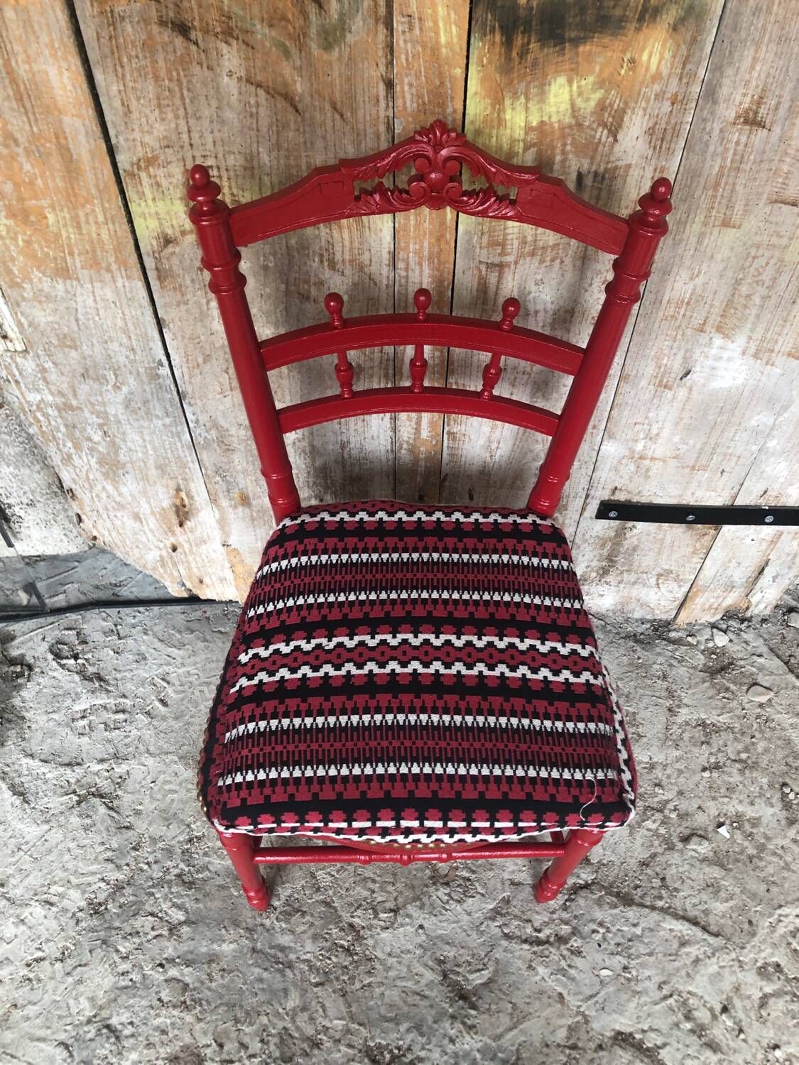 Red carved wood bedroom chair & vintage striped fabric seat