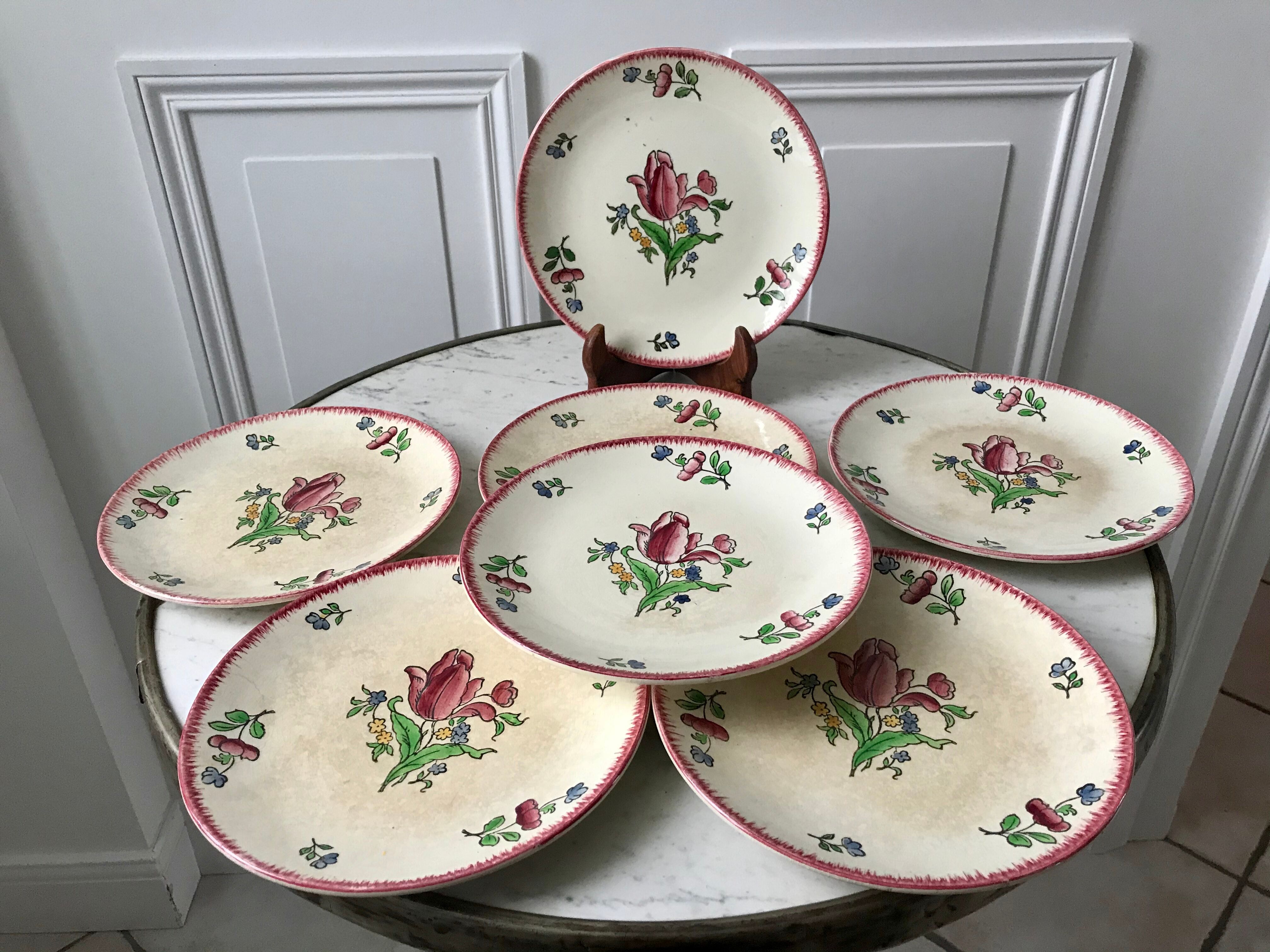 Set of 7 dessert plates gien model "lorraine" hand painted 30-40s