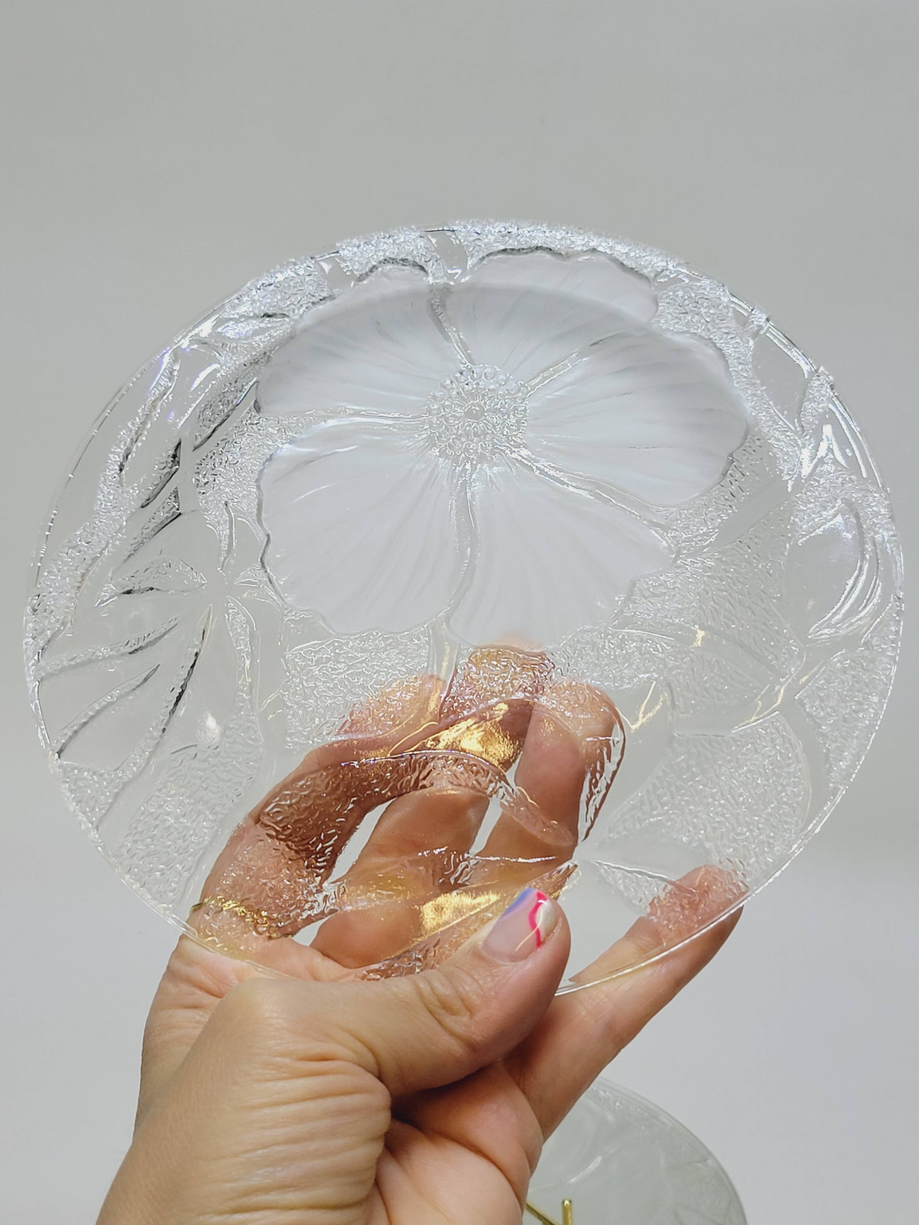 5 Small Transparent Frosted Glass Plates Vintage Floral Decor Kig Indo