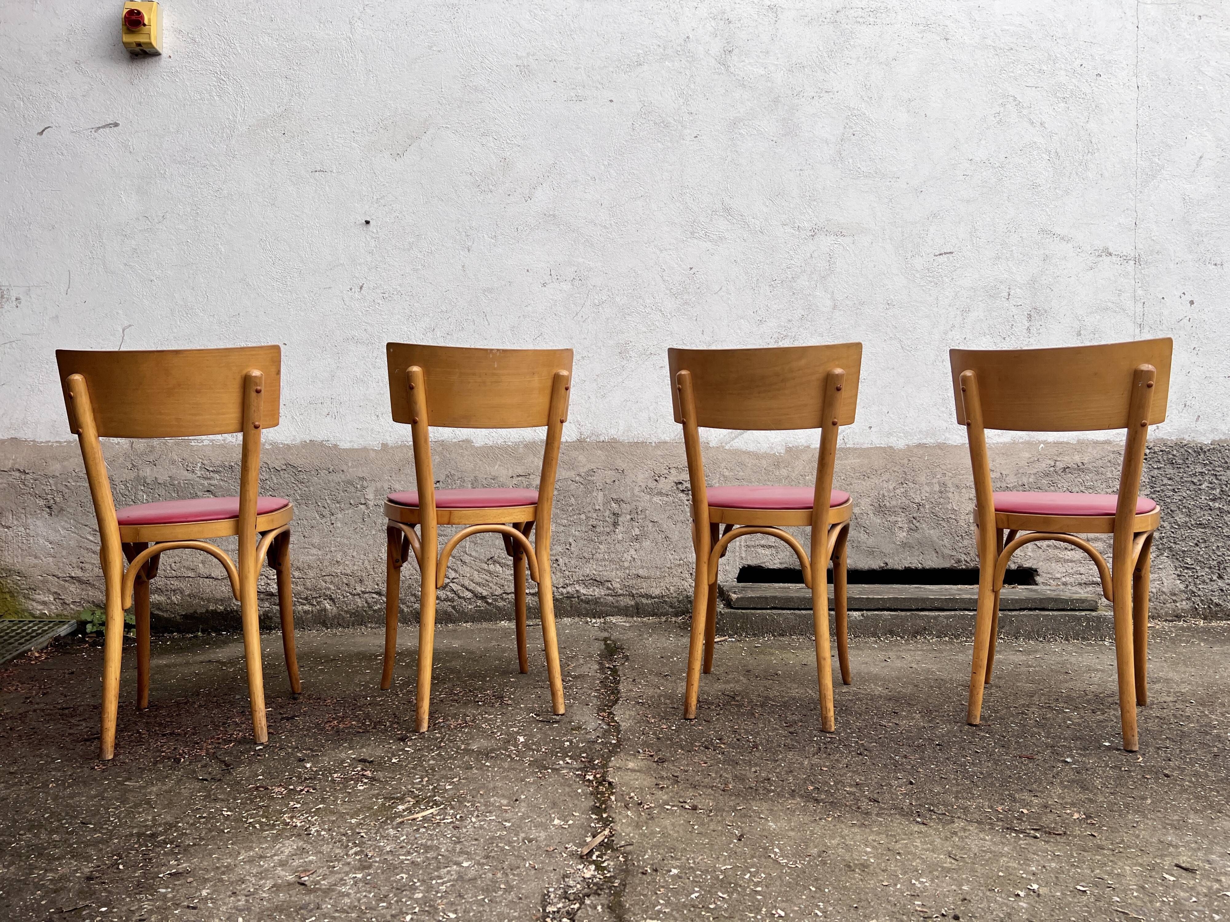 Lot of 4 baumann chairs bistrot parisian barter beech wood and red skaï