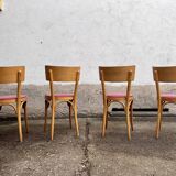 Lot of 4 baumann chairs bistrot parisian barter beech wood and red skaï