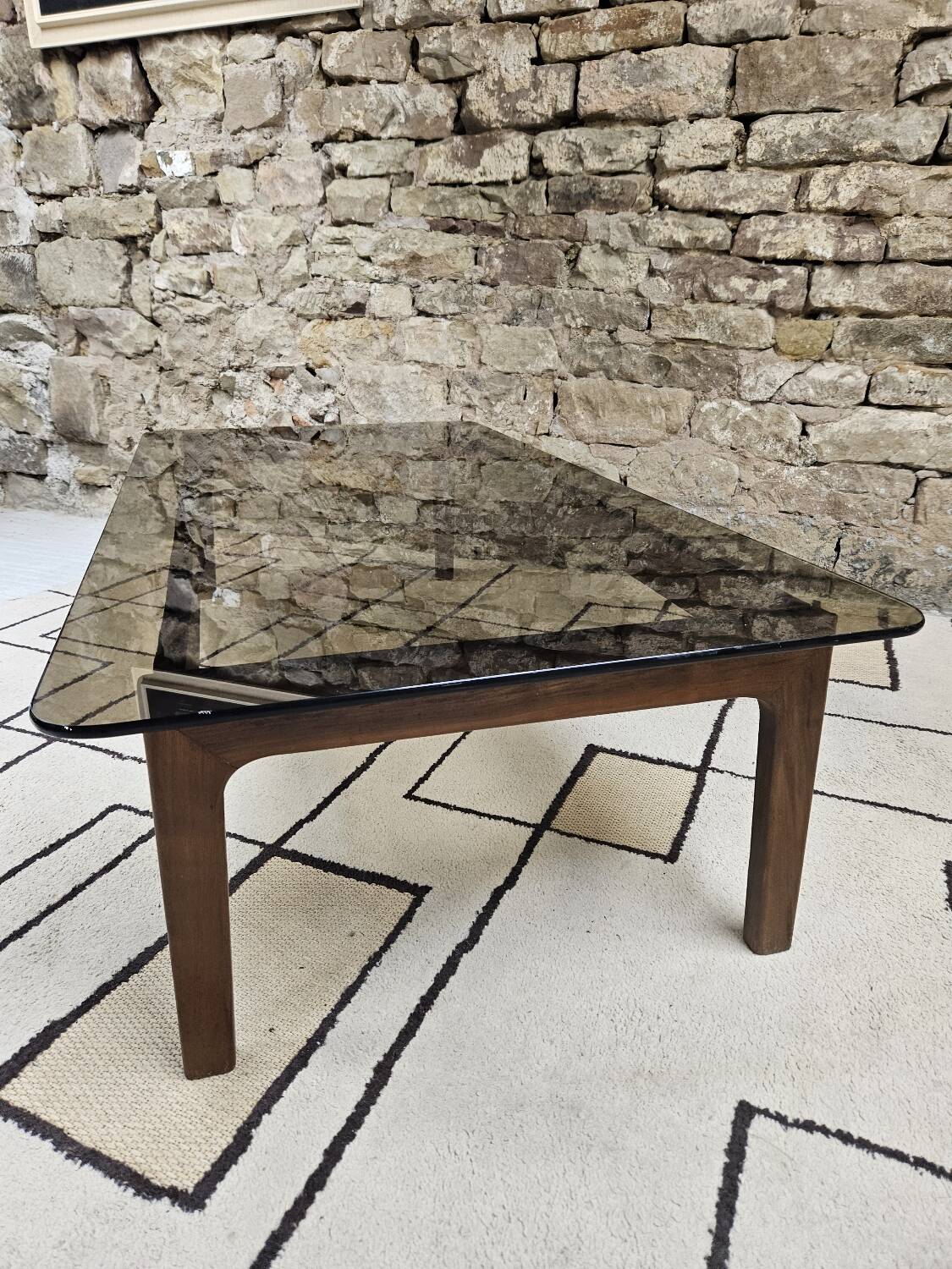 Vintage 1970s smoked glass wood coffee table