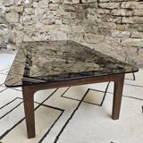 Table basse bois verre fumé vintage 1970"