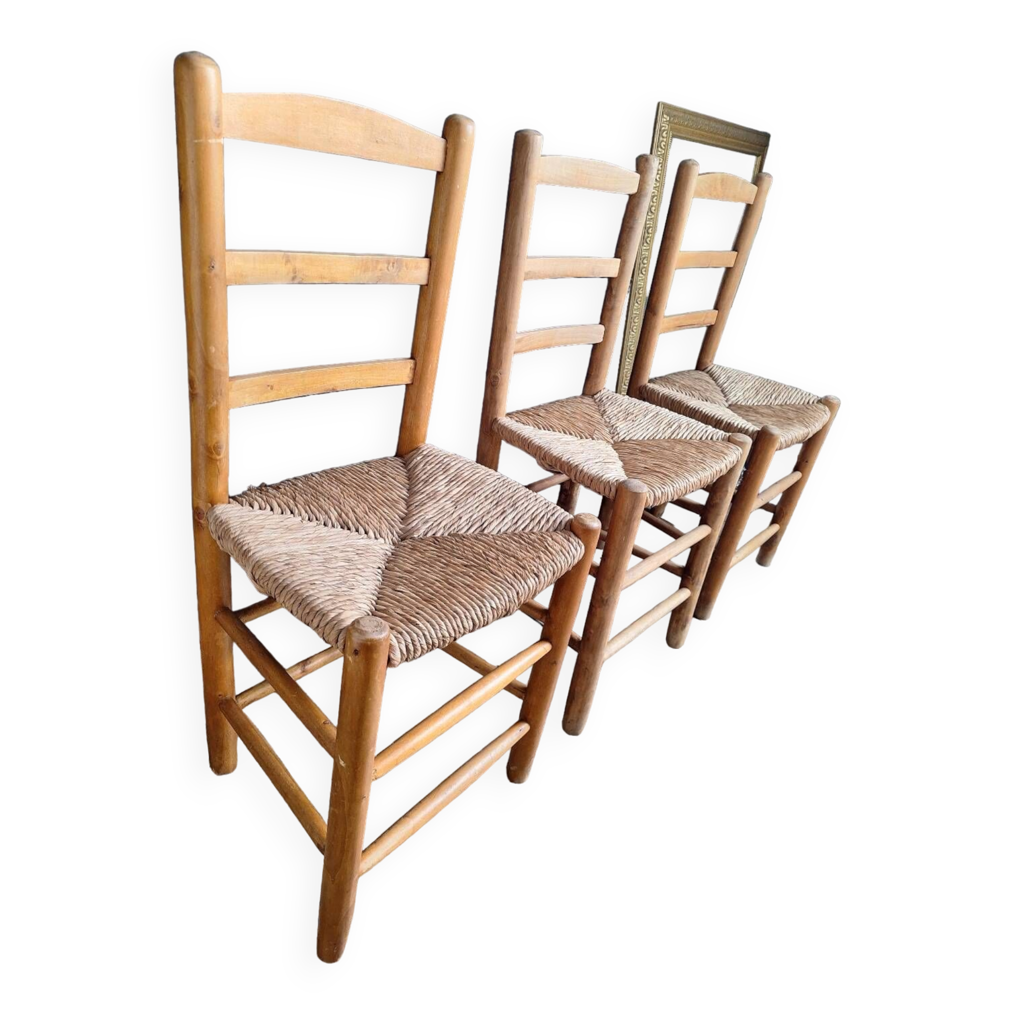 3 vintage straw chairs, antique seating furniture