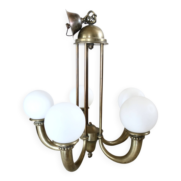 Lustre Art déco en bronze et opaline dlg de Jean Pascaud, années 1940