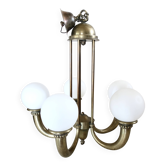 Art Deco chandelier in bronze and opaline by Jean Pascaud, 1940s.