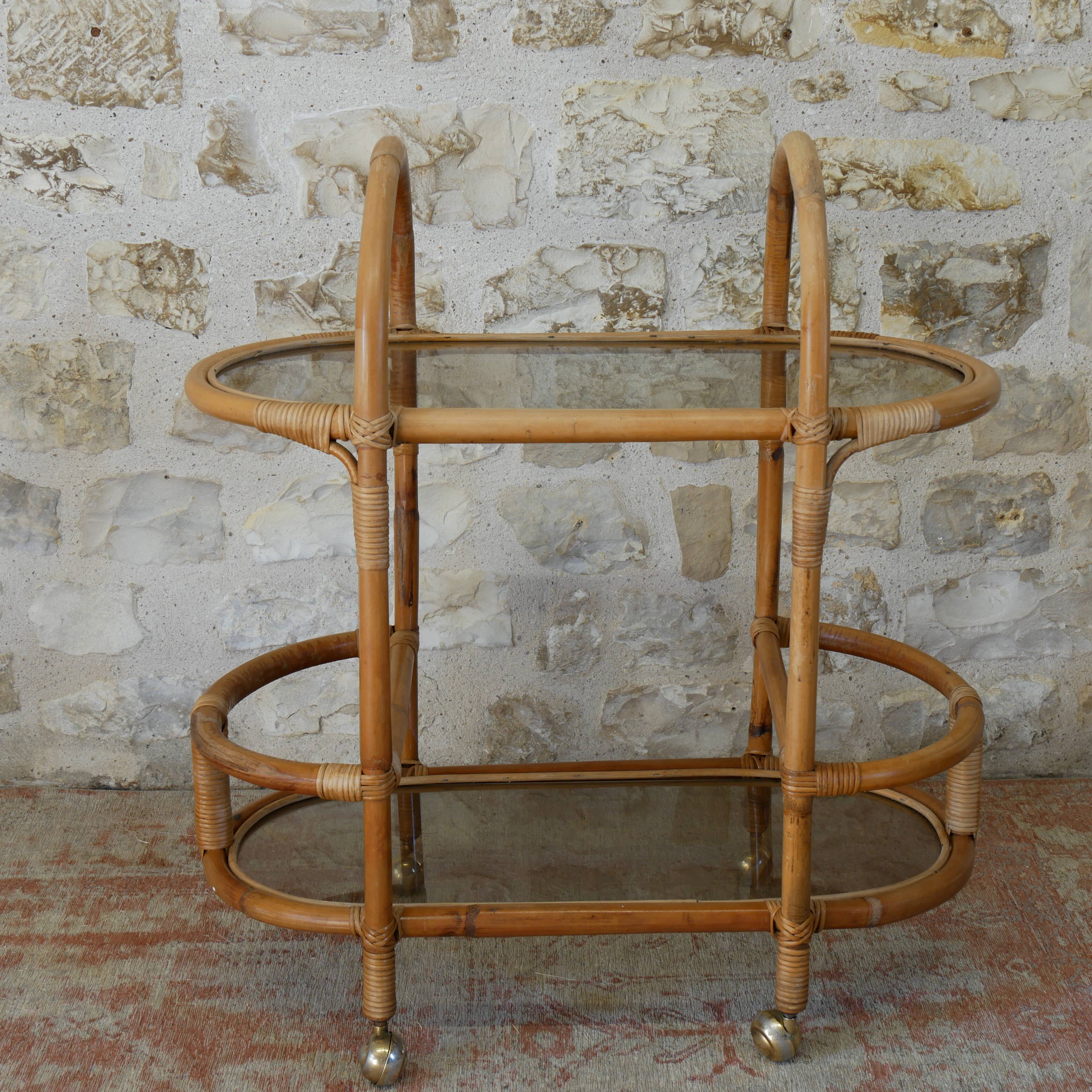 VINTAGE RATTAN AND SMOKE GLASS SERVER