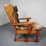 Brutalist oak lounge chair and ottoman