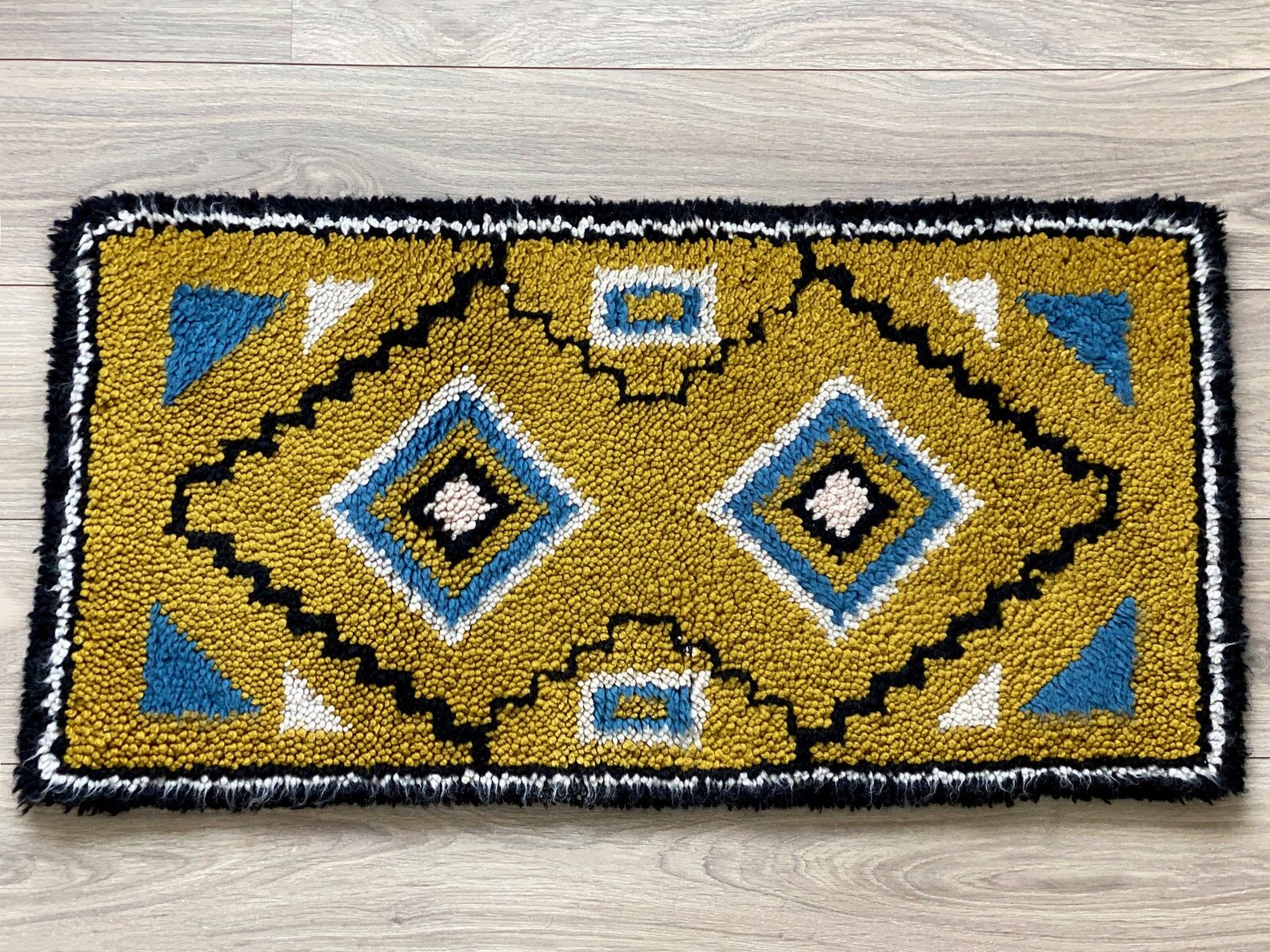 Vintage ocher yellow wool Smyrna carpet / rug