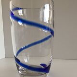 Large thick crystal glass vase modernist design cobalt edging