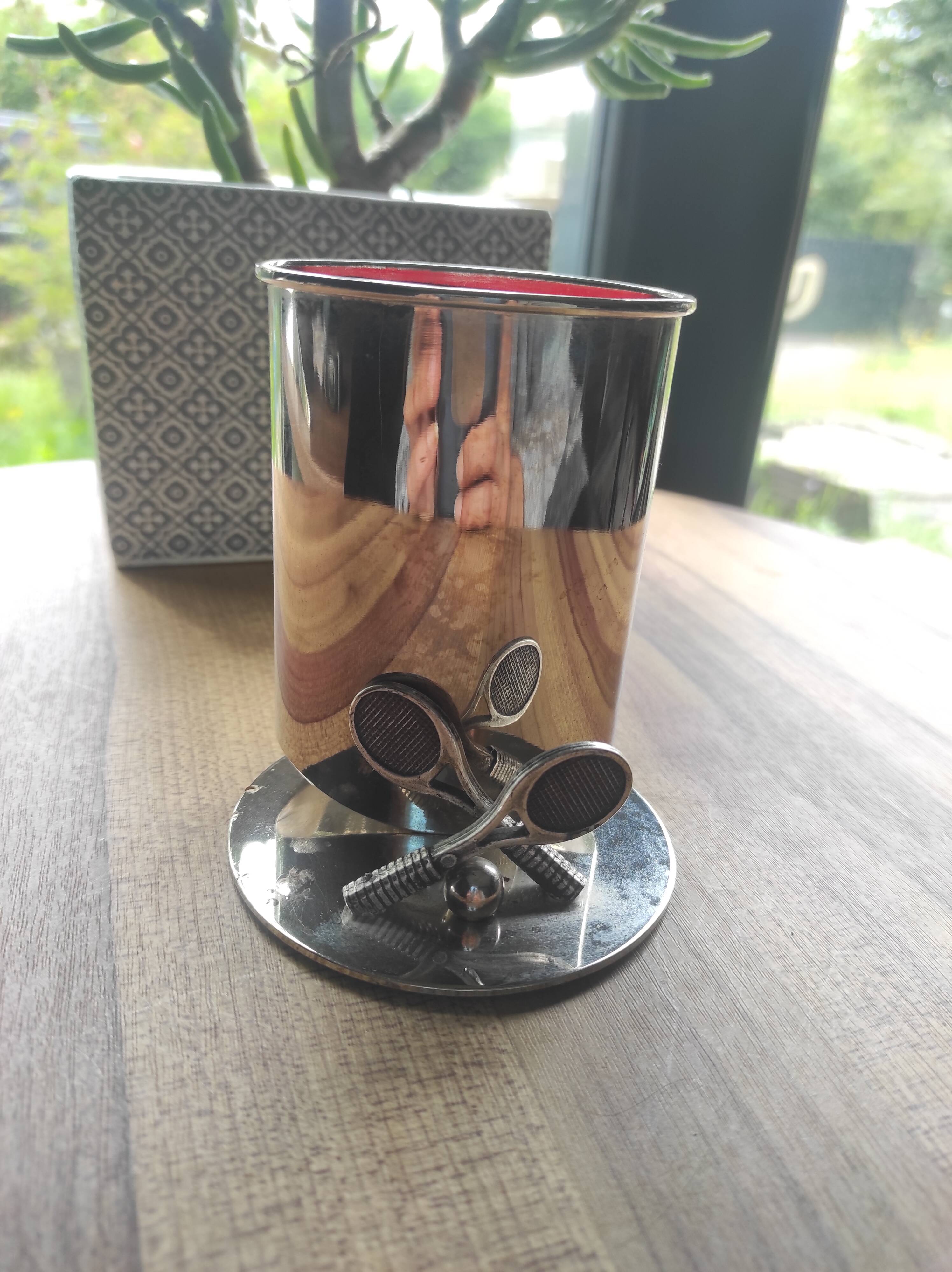 Vintage silver metal pencil holder decorated with tennis rackets