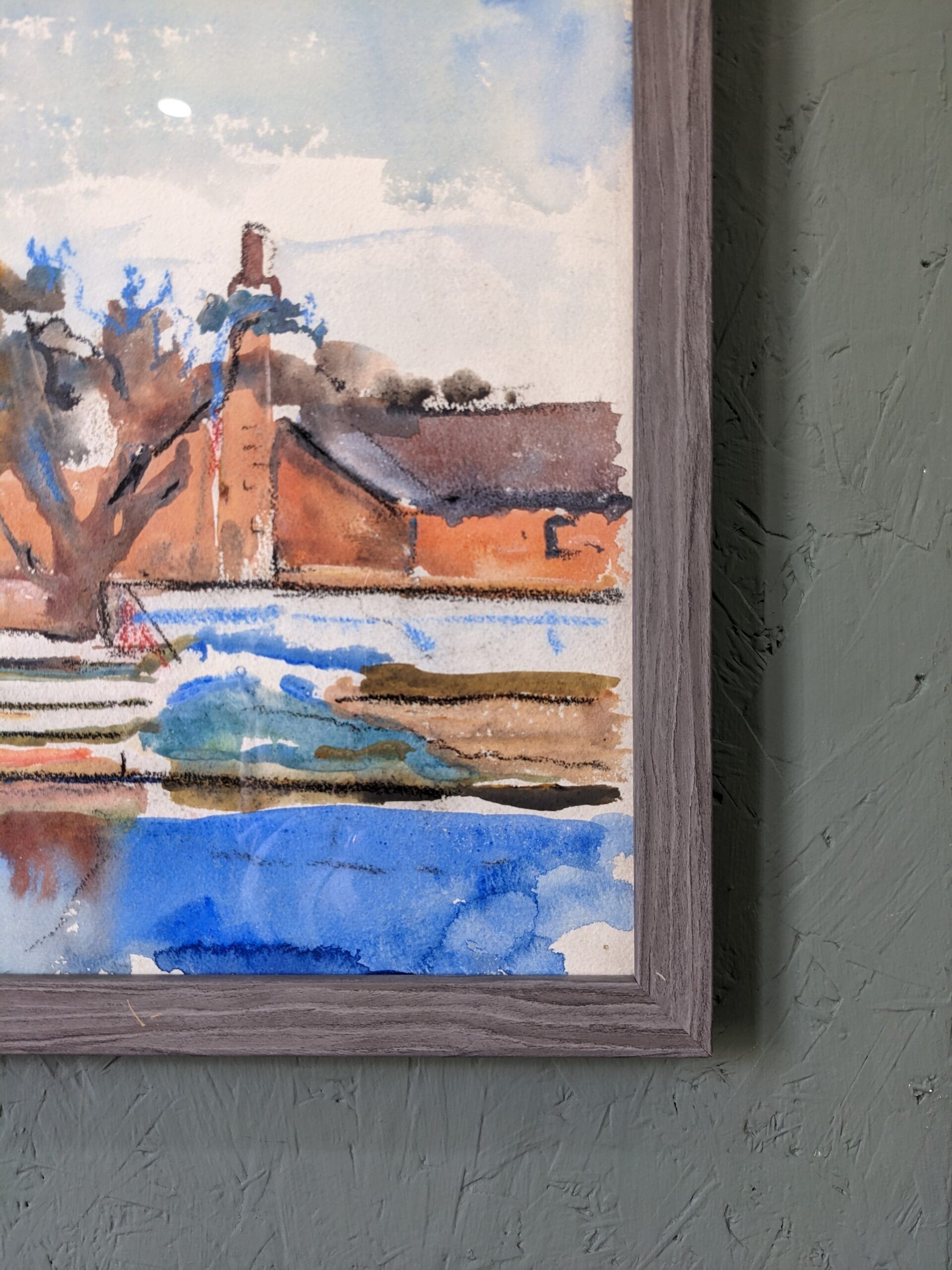 Mid-Century Modern Swedish "The Waterway" Vintage Landscape Watercolour Painting, Framed