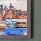 Mid-Century Modern Swedish "The Waterway" Vintage Landscape Watercolour Painting, Framed